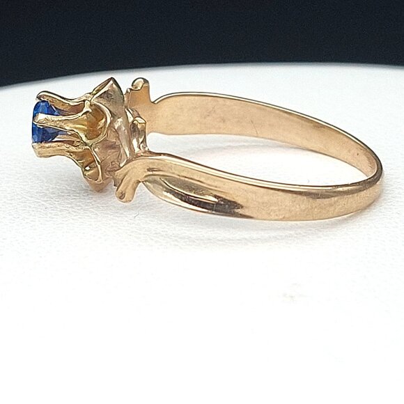 Antique 10K Gold Victorian Blue Spinel Ring Art Nouveau Floral 6-Prong Solitaire - Picture 6 of 12